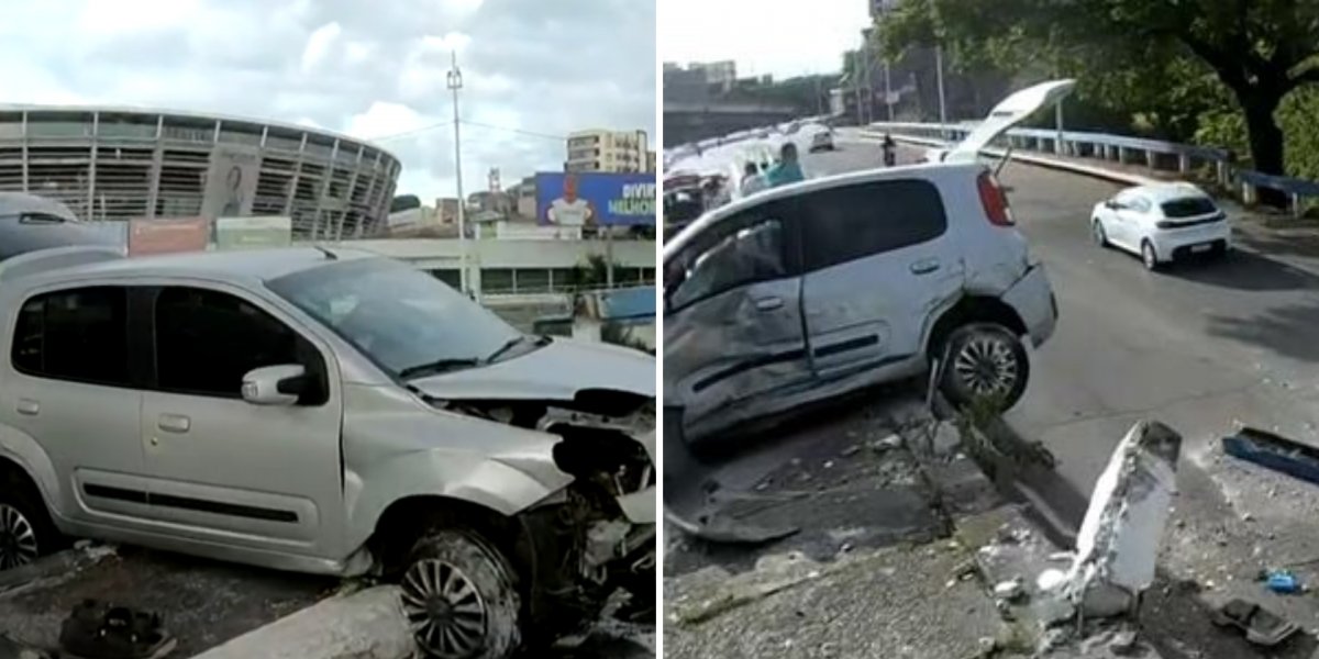 Carro quebra mureta e fica pendurado em viaduto próximo à Arena Fonte Nova